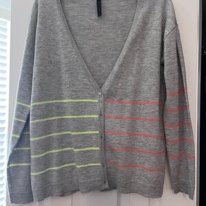 Gray V-Neck Button Cardigan with Neon Stripe Detail